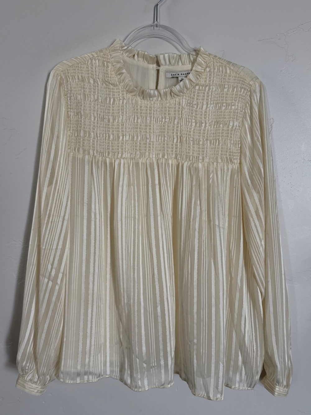 Zac & Rachel Ivory Smocked Yoke Ruffled Neck Long Sleeve Blouse